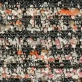 Charcoal gray fabric sample with dense, irregular peach, cream, and rose motifs; woven texture displays “swan > fabric (extra) > extra 842” label.